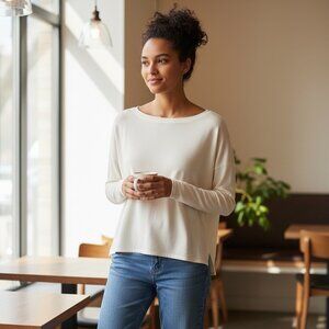 J Jill Womens Size Large Ivory Luxe Supima Boat Neck Tee Long Sleeve Shirt